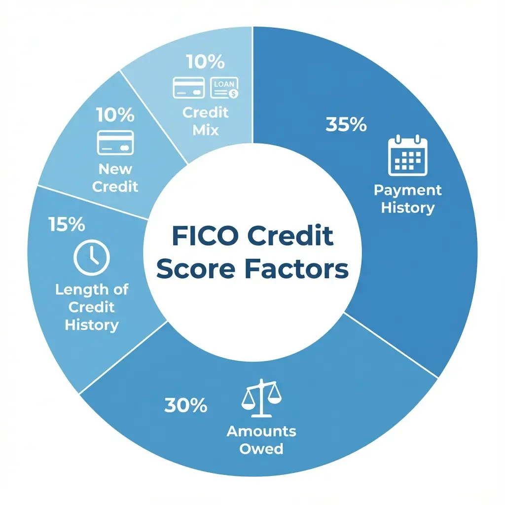 Infographic showing FICO credit score factors breakdown