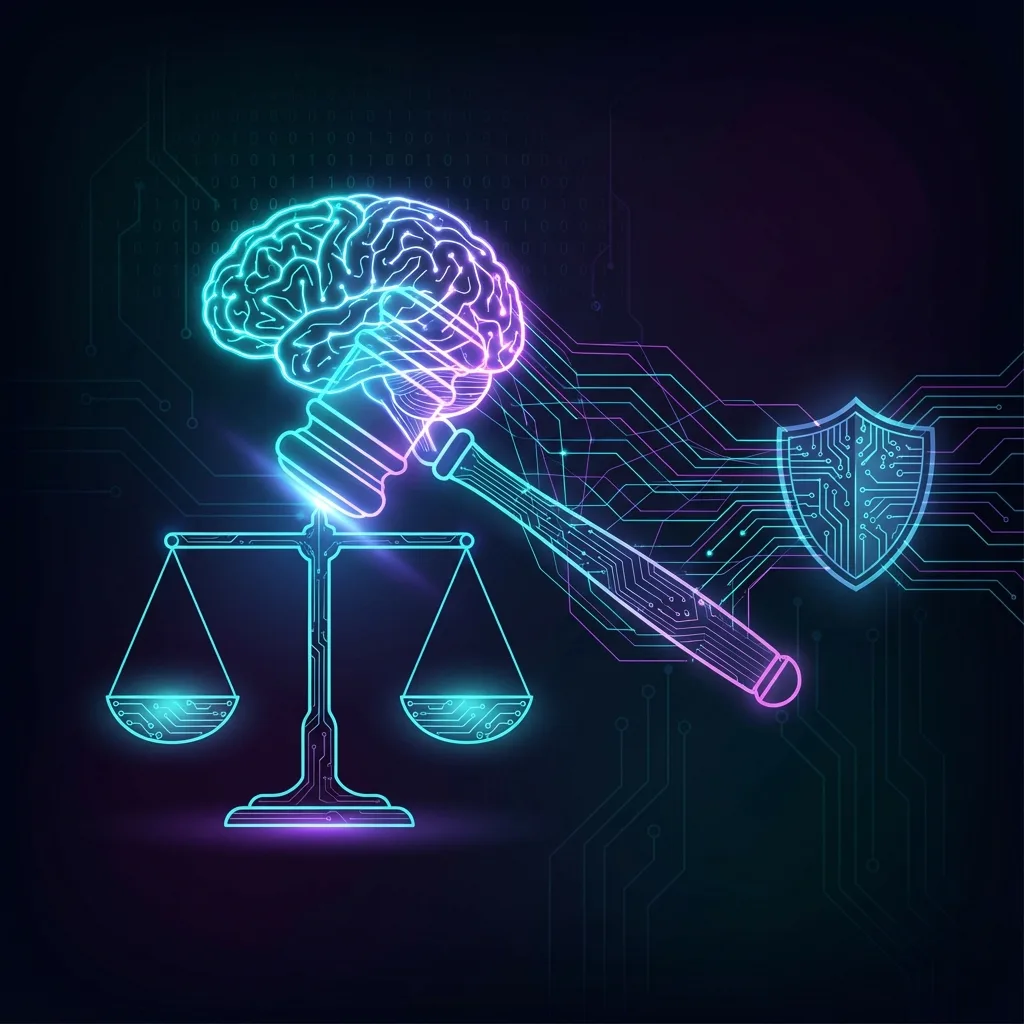 Futuristic illustration of AI merging with legal concepts