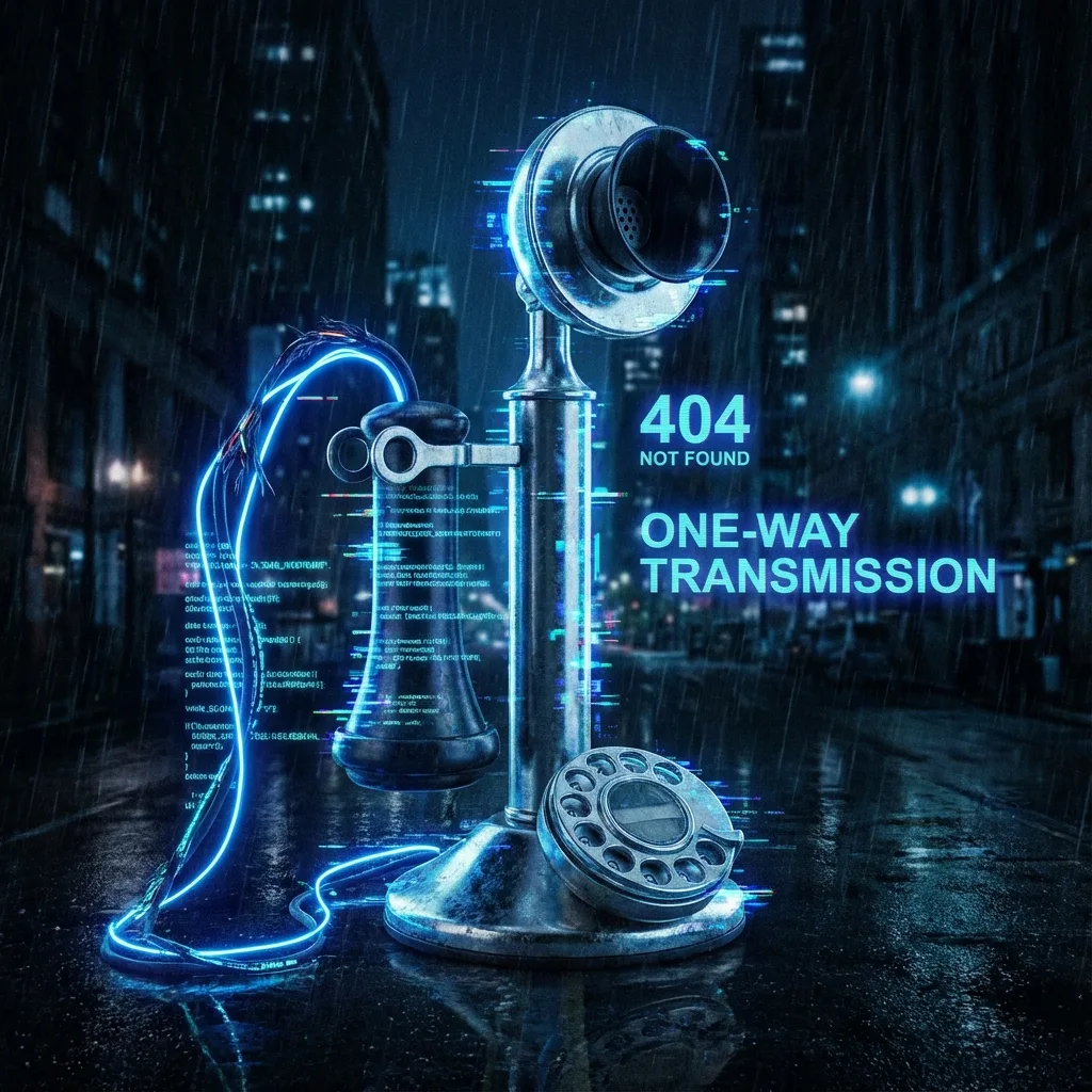 Antique candlestick telephone with a severed earpiece cord, glowing with digital glitch effects