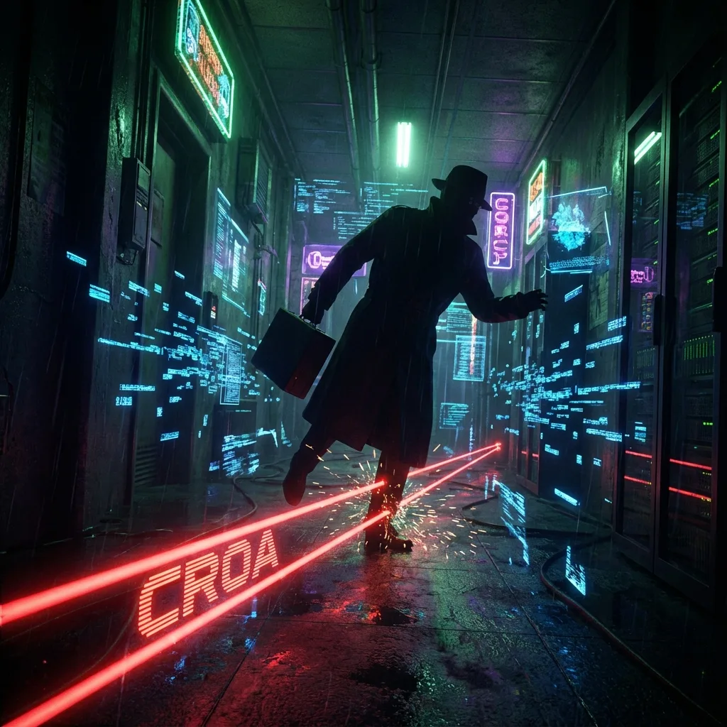 Silhouette of a businessman tripping over a glowing red CROA laser tripwire