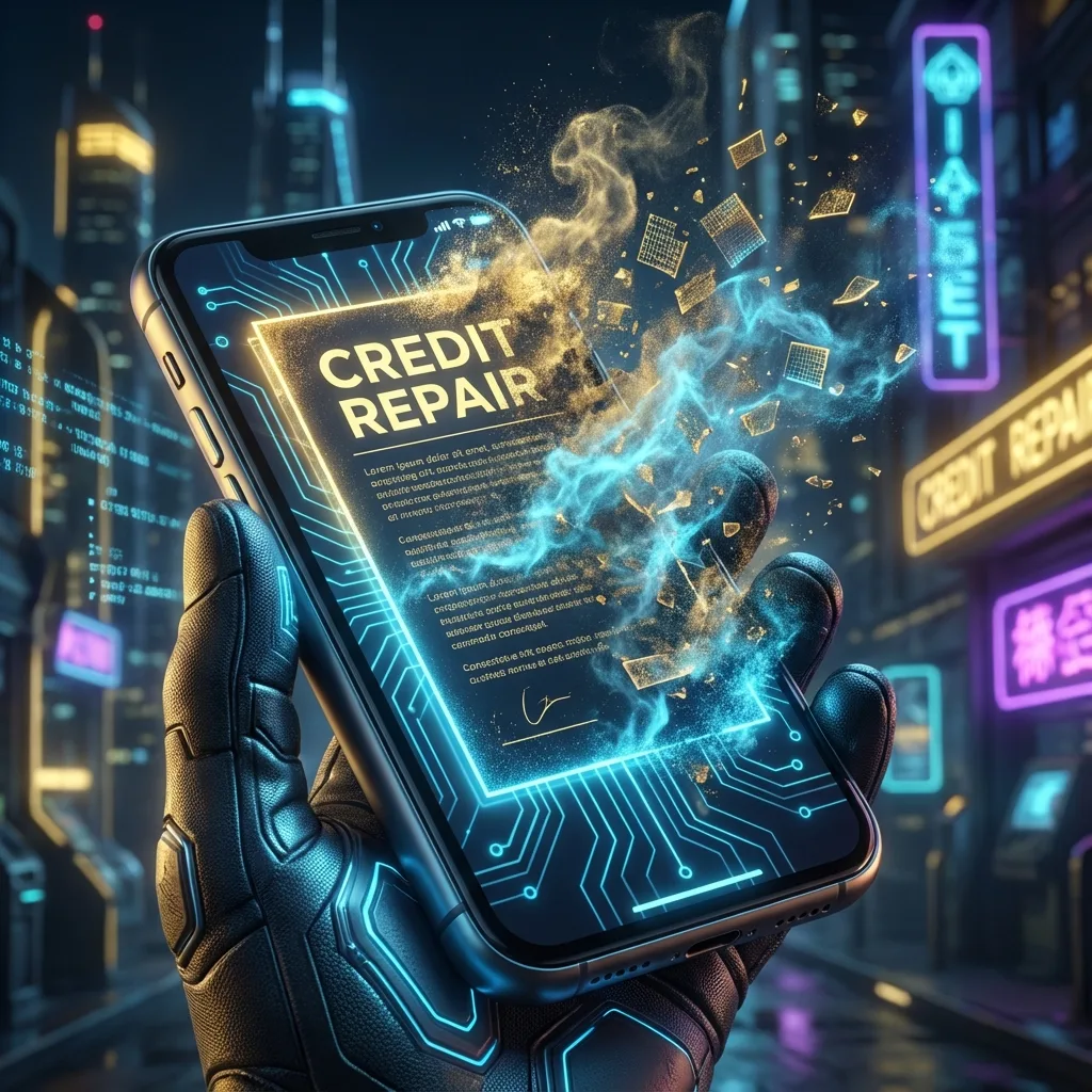 Digital illustration of a credit repair contract disintegrating into smoke