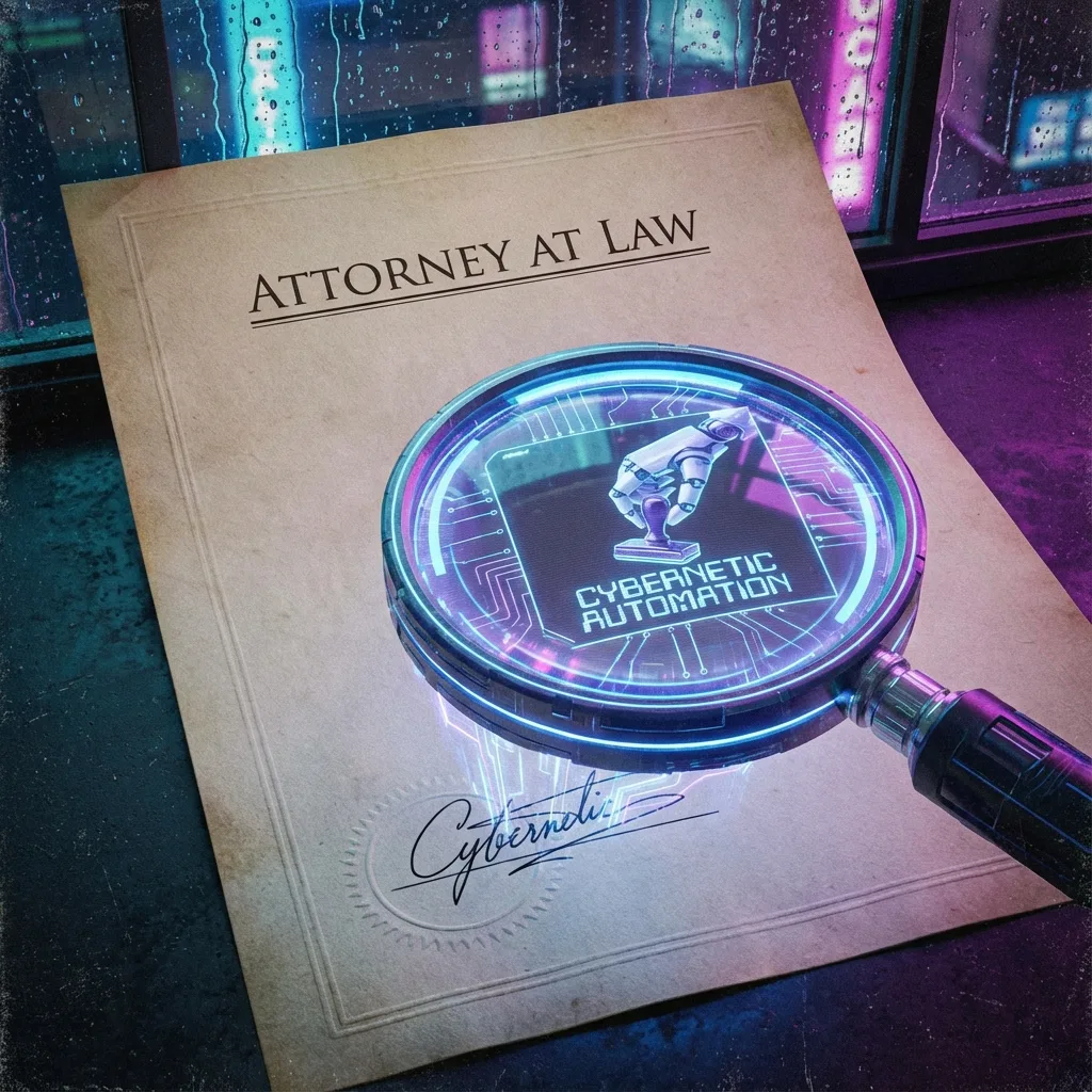 Magnifying glass revealing a robotic stamp on a law firm letter