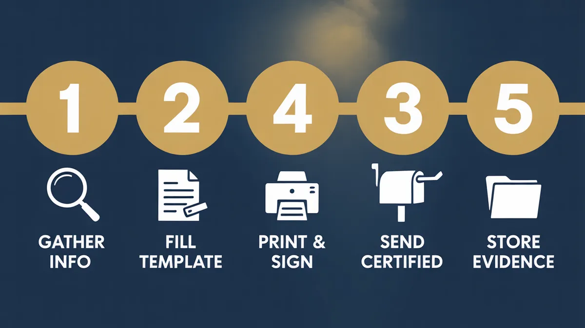 Infographic showing the 5 steps to send a cease and desist letter to a debt collector: gather info, fill template, print and sign, send certified mail, store evidence