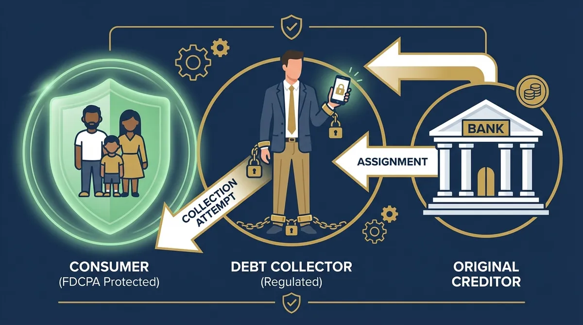 Infographic showing FDCPA coverage of three parties: consumers are protected from third-party debt collectors but not original creditors