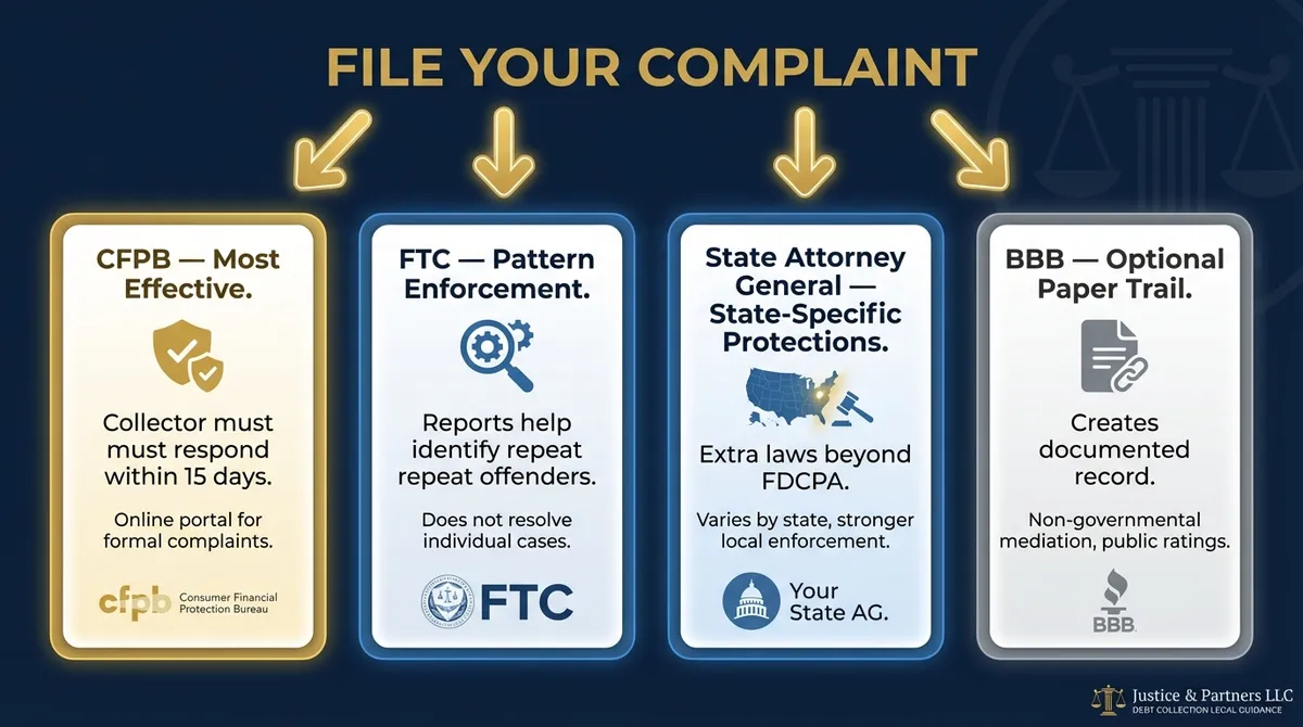 Infographic showing four places to file complaints against a debt collector: CFPB, FTC, state attorney general, and BBB