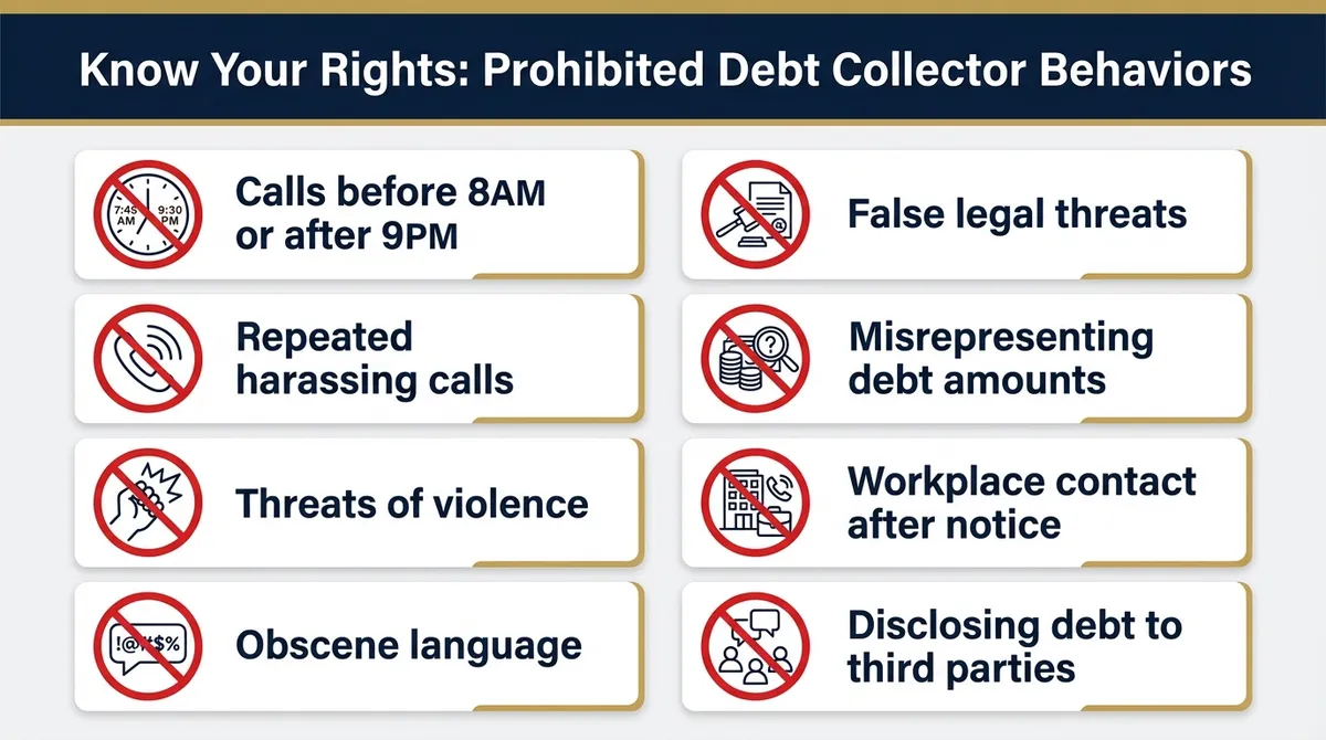 Infographic listing eight common debt collection harassment violations prohibited under the FDCPA