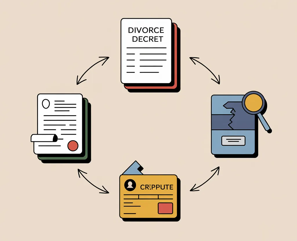 Workflow visual showing a divorce decree, damaged credit report, and written dispute process