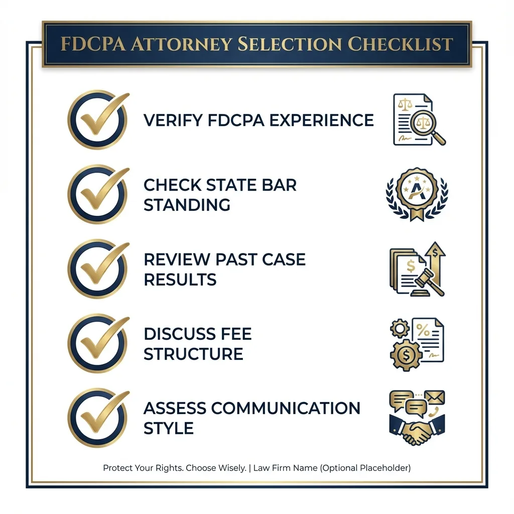 FDCPA Attorney Selection Checklist showing 5 key criteria